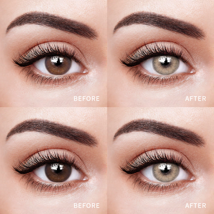 The before and after comparison of wearing Moonbeam Brown Contact Lenses.